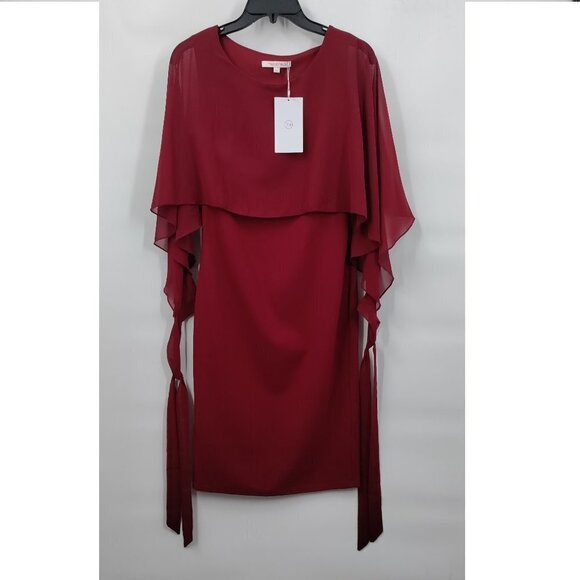 New Trendy Hub Crewneck Chiffon Cape Overlay Bodycon Dress Size Small Women Red - Picture 1 of 13